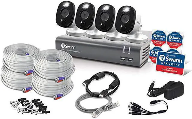 Alt view image 4 of 7 - 4 Channel 4 Camera Security System, Wired Surveillance 1080p HD DVR 1TB HDD, Audio Capture, Weatherproof, Color Night Vision, Heat & Motion Sensing Warning Light, Alexa + Google, SWDVK-445804WL