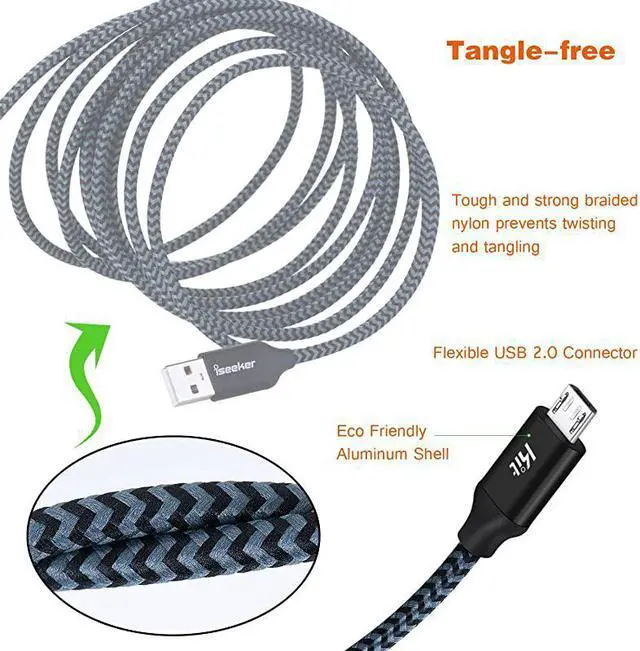 Alt view image 4 of 7 - USB Cable PS4 15FT,iSeeker Black Extra Long Durable Braided Type A Male to -B Male Charging Data Cord Compatible Samsung Galaxy S6 S7 Edge, PS4 Controller, BLU, Moto, Nexus, Smartphone