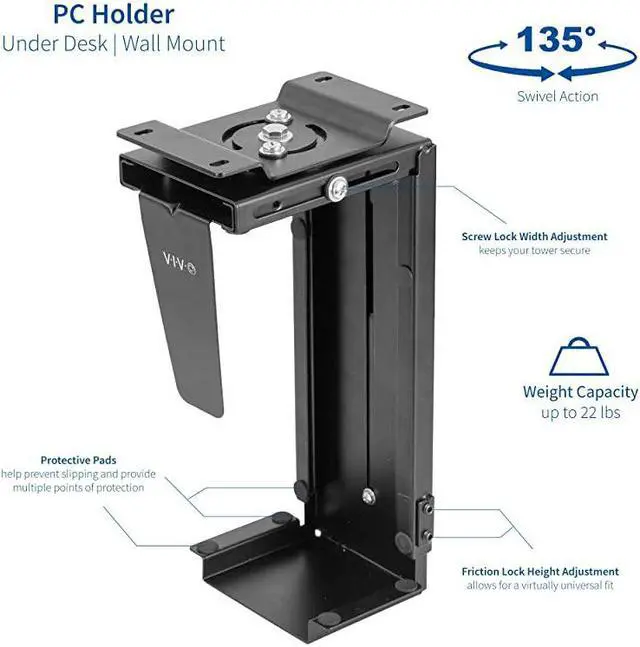 Alt view image 2 of 7 - Adjustable Under Desk and Wall PC Mount, Computer Case Holder with Swivel Action and Secure Locking, Black, MOUNT-PC01