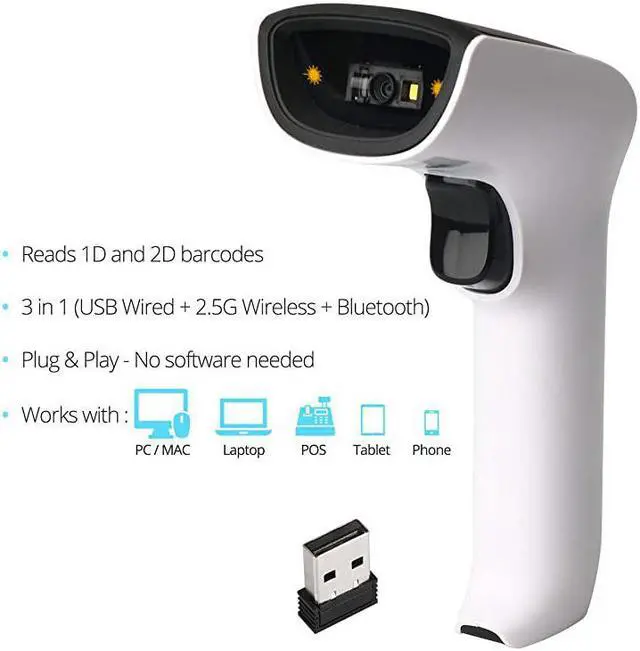 Alt view image 4 of 7 - Wireless 2D Bluetooth Barcode Scanner 3in1 Hand Scanners Cordless Rechargeable 1D and 2D Scan Gun for Inventory Management Portable Handheld USB Bar CodeQR Code Reader
