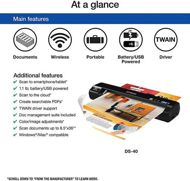 Main image of WorkForce DS40 Wireless Portable Document Scanner for PC and Mac Sheetfed MobilePortableBlack