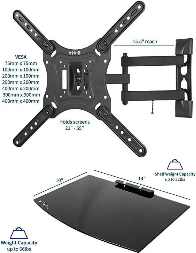 Alt view image 2 of 7 - 23 to 55 inch Screen TV Wall Mount with Adjustable Tilt and Entertainment Shelf Floating AV DVD Shelving Black MountVWSF1