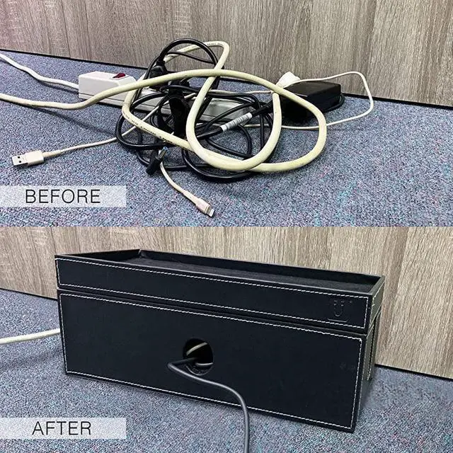 Alt view image 6 of 7 - Cable Management Box Large Computer Cord Organizer Hide and Conceal Power Cable Organizer Computers and Desks Black Stitched Leather