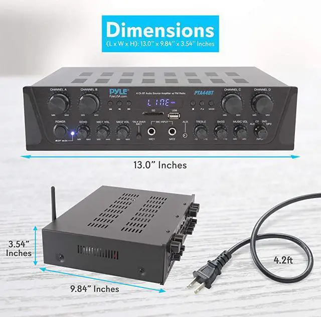 Alt view image 2 of 7 - 500W Karaoke Wireless Bluetooth Amplifier 4 Channel Stereo Audio Home Theater Speaker Sound Power Receiver w AUX IN FM RCA Subwoofer Speakers OUT USB Microphone IN w Echo  PTA44BT