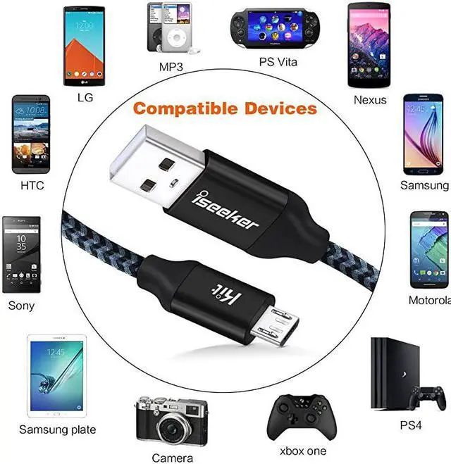 Alt view image 7 of 7 - USB Cable PS4 15FT,iSeeker Black Extra Long Durable Braided Type A Male to -B Male Charging Data Cord Compatible Samsung Galaxy S6 S7 Edge, PS4 Controller, BLU, Moto, Nexus, Smartphone