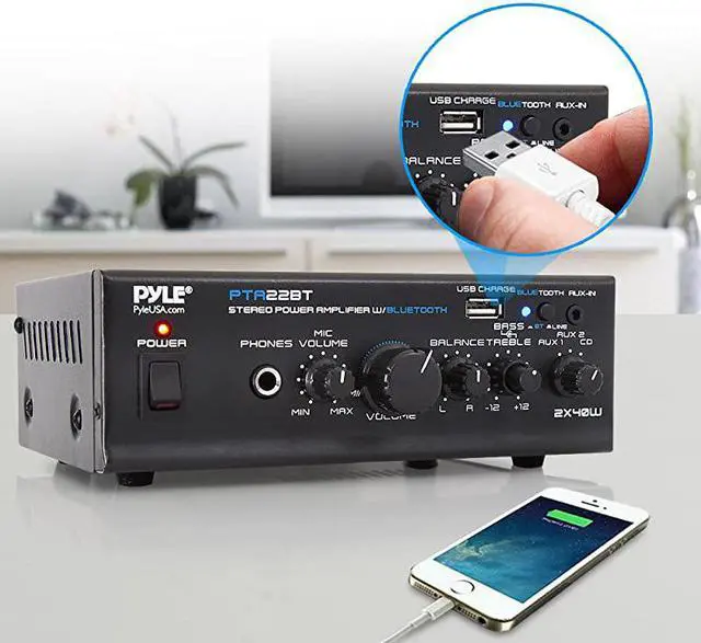 Alt view image 6 of 7 - Bluetooth Mini Blue Series Home Audio Amplifier Compact Desktop Home Theater Stereo Amplifier Receiver with USB Charge Port | Pager Mixer Karaoke Modes | Mic Input 40 Watt x 2 |  PTA22BT 2X2X2
