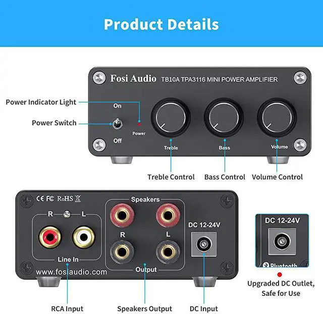 Alt view image 2 of 6 - 2 Channel Stereo Audio Amplifier Receiver Mini Hi-Fi Class D Integrated Amp 2.0CH for Home Speakers 100W x 2 with Bass and Treble Control TPA3116(with Power Supply) - TB10A