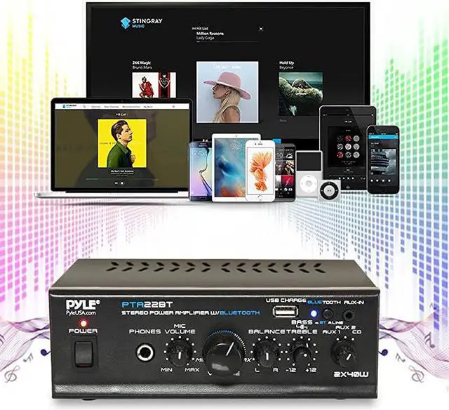 Alt view image 5 of 7 - Bluetooth Mini Blue Series Home Audio Amplifier Compact Desktop Home Theater Stereo Amplifier Receiver with USB Charge Port | Pager Mixer Karaoke Modes | Mic Input 40 Watt x 2 |  PTA22BT 2X2X2