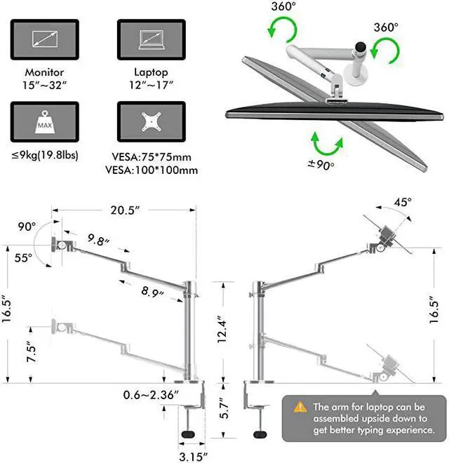 Alt view image 4 of 7 - Monitor and Laptop Mount 2in1 Adjustable Dual Arm Desk Mounts Single Desk Arm StandHolder for 17 to 32 Inch LCD Computer Screens Extra Tray Fits 12 to 17 inch Laptops Silver