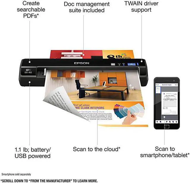 Alt view image 2 of 6 - WorkForce DS40 Wireless Portable Document Scanner for PC and Mac Sheetfed MobilePortableBlack