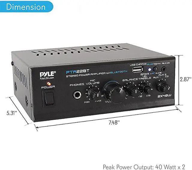 Alt view image 4 of 7 - Bluetooth Mini Blue Series Home Audio Amplifier Compact Desktop Home Theater Stereo Amplifier Receiver with USB Charge Port | Pager Mixer Karaoke Modes | Mic Input 40 Watt x 2 |  PTA22BT 2X2X2