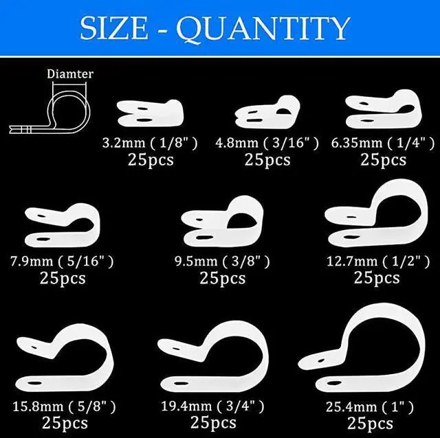 Alt view image 5 of 6 - 225pcs 9 Size White Nylon RType Cable Clamp Fastener Assortment Kit for 18 316 14 516 38 12 58 34 1 Inch Dia Wire Tube Plastic Wire Cord Clip Fixer