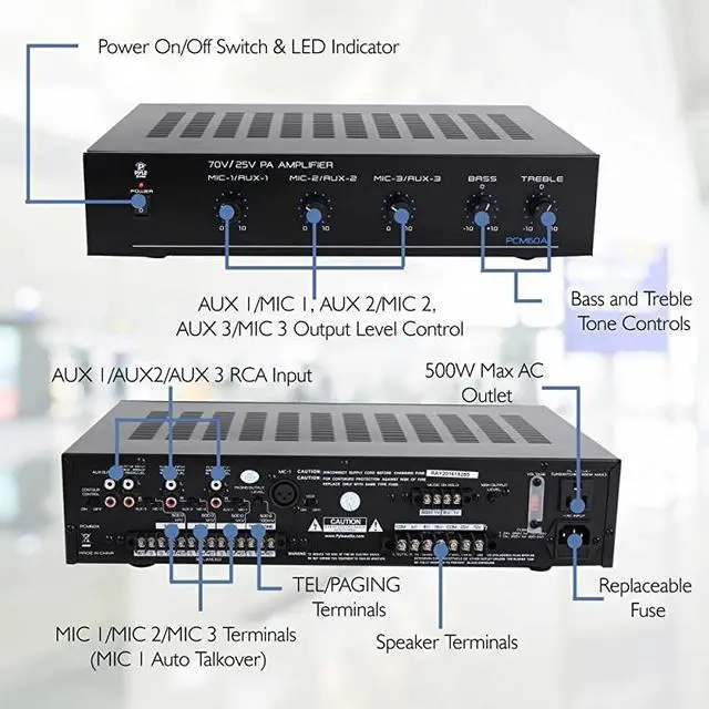 Alt view image 5 of 7 - Compact Mini Home Power Amplifier 100W Smart Indoor Audio Stereo Receiver w RCA 3 Microphone IN AUX 2570V Outputs LED Input Selector For PA Amplified Speaker Sound System  PCM60A