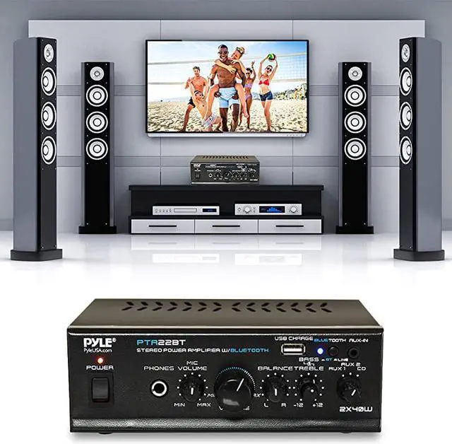 Alt view image 7 of 7 - Bluetooth Mini Blue Series Home Audio Amplifier Compact Desktop Home Theater Stereo Amplifier Receiver with USB Charge Port | Pager Mixer Karaoke Modes | Mic Input 40 Watt x 2 |  PTA22BT 2X2X2