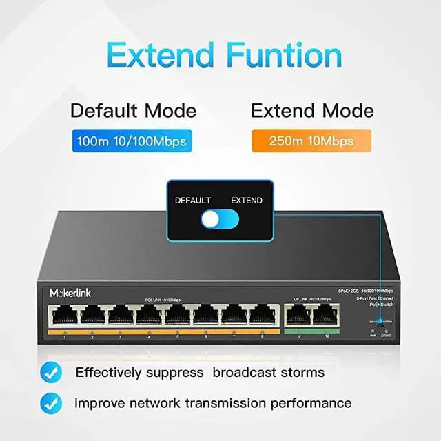 Alt view image 5 of 7 - 8 Port PoE Switch with 2 Gigabit Uplink, 802.3af/at PoE+ 100Mbps, 120W Built-in Power, Extend to 250Meter, Metal Plug & Play