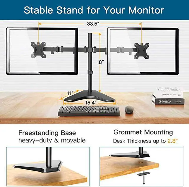 Alt view image 2 of 6 - Dual Monitor Stand, Free Standing Height Adjustable Two Arm Monitor Mount for Two 13 to 32 inch Flat Curved LCD Screens with Swivel and Tilt, 17.6lbs per Arm by