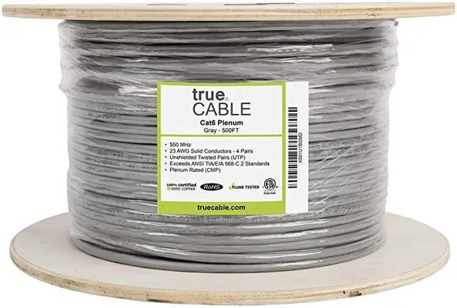 Alt view image 4 of 7 - Cat6 Plenum (CMP), 500ft, Gray, 23AWG 4 Pair Solid Bare Copper, 550MHz, ETL Listed, Unshielded Twisted Pair (UTP), Bulk Ethernet Cable