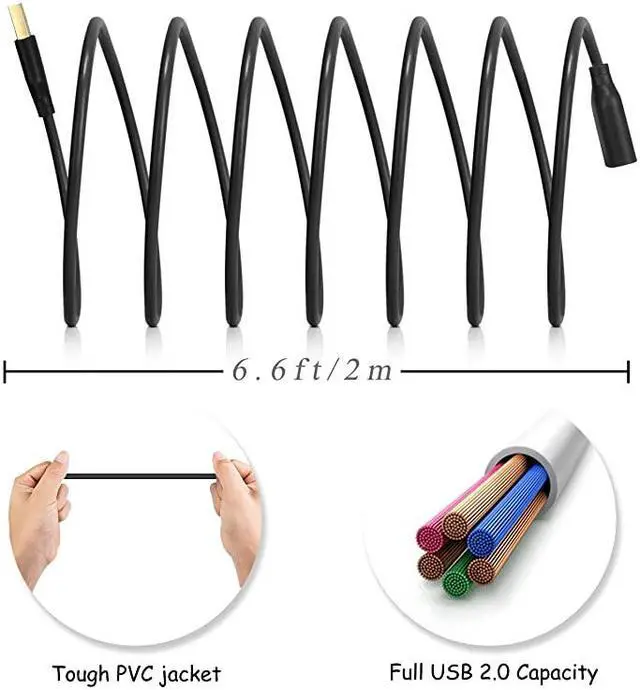 Alt view image 4 of 7 - 2Pack USB 20 66ft2m USB Type A Male to A Female Extension Cord USB Cable Extender with GoldPlated Connectors Black