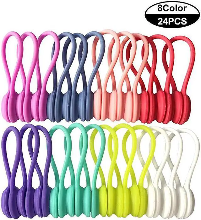 Main image of Twist Ties with Strong Magnet for Bundling and Organizing Cables,Headphone Cables,USB Charging Cords,Hanging & Holding Keychain,Silicone Cord Winder Magnetic Cable Clips (8 Colors - 24 Pack)