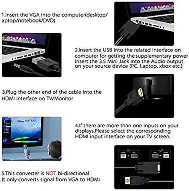 Alt view image 7 of 7 - VGA to HDMI  1080P VGA to HDMI Adapter Male to Female for Computer Desktop Laptop PC Monitor Projector HDTV with Audio Cable and USB Cable Black