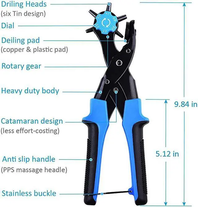Alt view image 4 of 7 - Leather Hole Punch UpgradedPerfect Full Set Belt Puncher Heavy Duty Revolving Plier Tool with 2 Extra Plates and Ruler Multi Sized for Crafts Card Rubber Blue