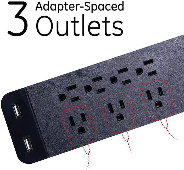 Alt view image 4 of 7 - Black Strip Sur Protector Charr 7 Outlets 2 USB Ports Fast Char Flat Plug Long Power Cord 3 Feet Wall Mount Warranty 37054 3 Ft