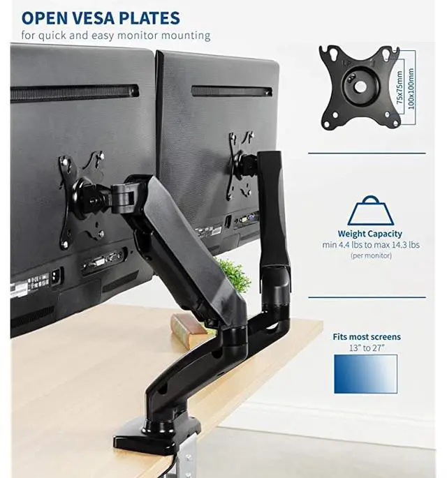 Alt view image 7 of 7 - Dual Arm Monitor Desk Mount Height Adjustable, Tilt, Swivel, Counterbalance Pneumatic Stand, VESA Bracket Arm Fits Most Screens up to 27 inches STAND-V002O