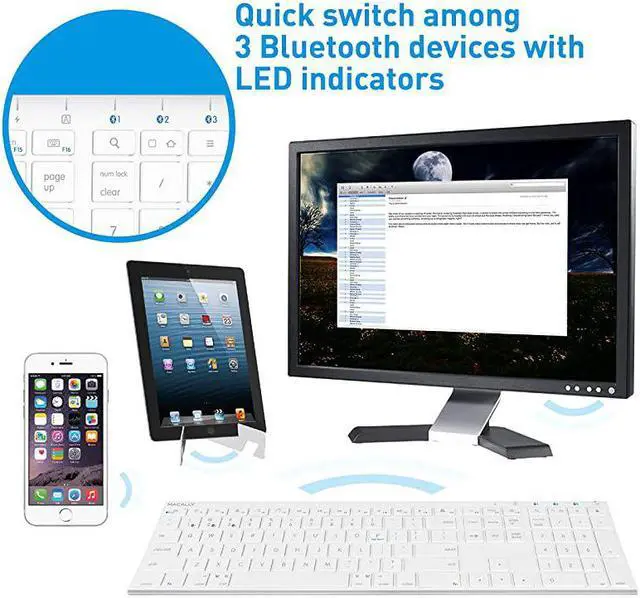 Alt view image 3 of 7 - Wireless Bluetooth Keyboard for Mac or PC Multisync Connect up to 3 Devices Simultaneously Rechargeable Mac Wireless Keyboard with 110 Keys 20 Shortcuts and Numeric Keypad White