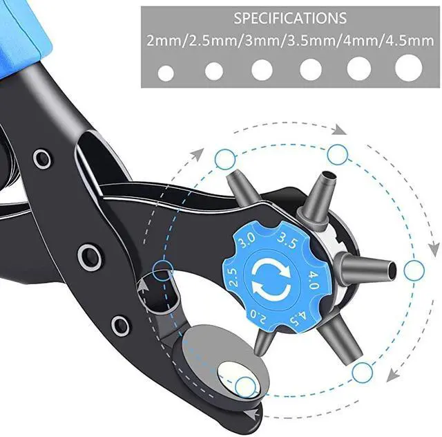 Alt view image 2 of 7 - Leather Hole Punch UpgradedPerfect Full Set Belt Puncher Heavy Duty Revolving Plier Tool with 2 Extra Plates and Ruler Multi Sized for Crafts Card Rubber Blue