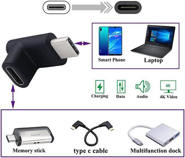 Alt view image 7 of 7 - 90 Degree Type C USB Adapter Gen 2 10Gbps 3A UpampDown 90 Degree USB 31 Type C Male to Female Connector Supports Charging Data Audio Video Adapter for MacBook Pro2PackUpDown