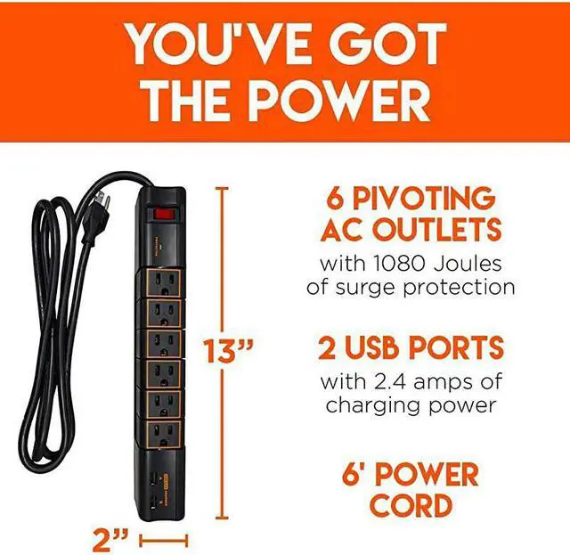 Alt view image 2 of 7 - Rotating Surge Protector Power Strip with 2 USB Ports 6 Rotating AC Outlets 1080 Joules of Heavy Duty Surge Protection with Long Power Cord Wall Mounting Holes