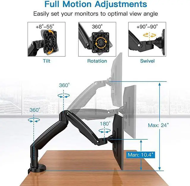Alt view image 4 of 7 - Mount Stand, Long Single Desk Mount for 22 to 35 Inch Computer Screens Height Adjustable with Clamp, Grommet Mounting Base, Holds 6.6 to 26.4 lbs