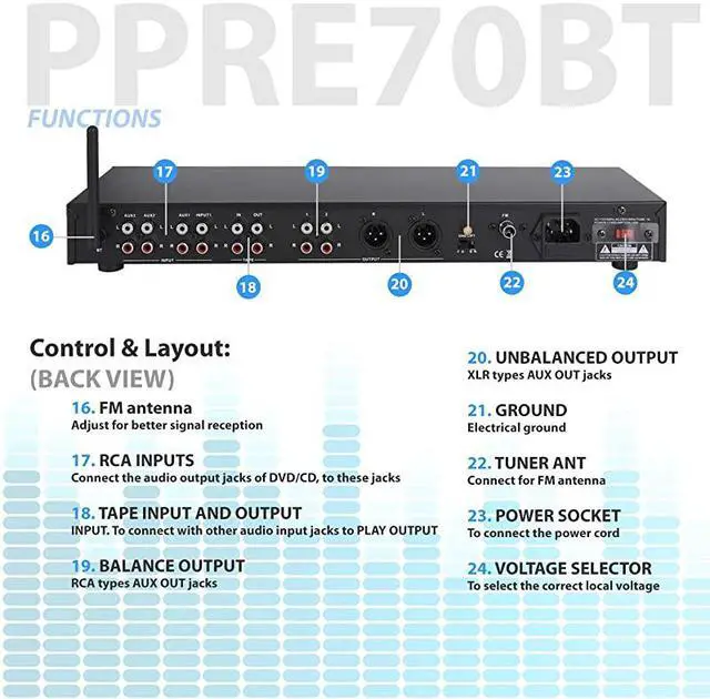 Alt view image 4 of 6 - Rack Mount Studio Pre-Amplifier - Audio Receiver System w/Digital LCD Display Bluetooth FM Radio Recording Mode Remote Control USB Flash or SD Card Reader Input and Output Jack - PPRE70BT