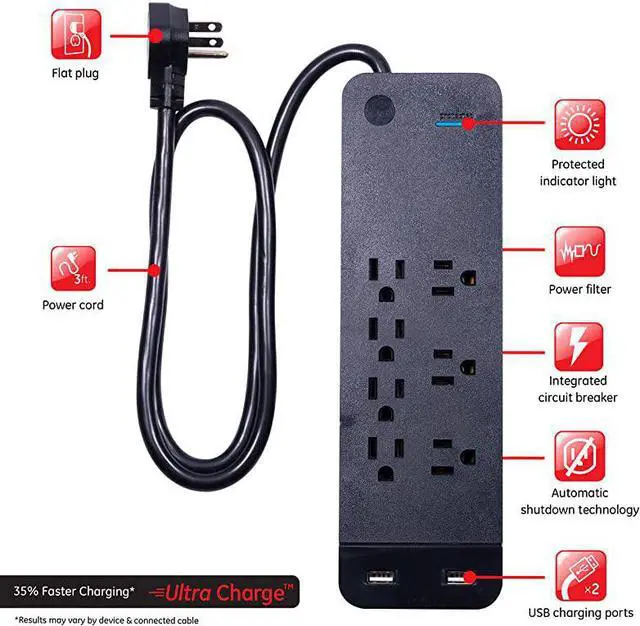 Alt view image 2 of 7 - Black Strip Sur Protector Charr 7 Outlets 2 USB Ports Fast Char Flat Plug Long Power Cord 3 Feet Wall Mount Warranty 37054 3 Ft