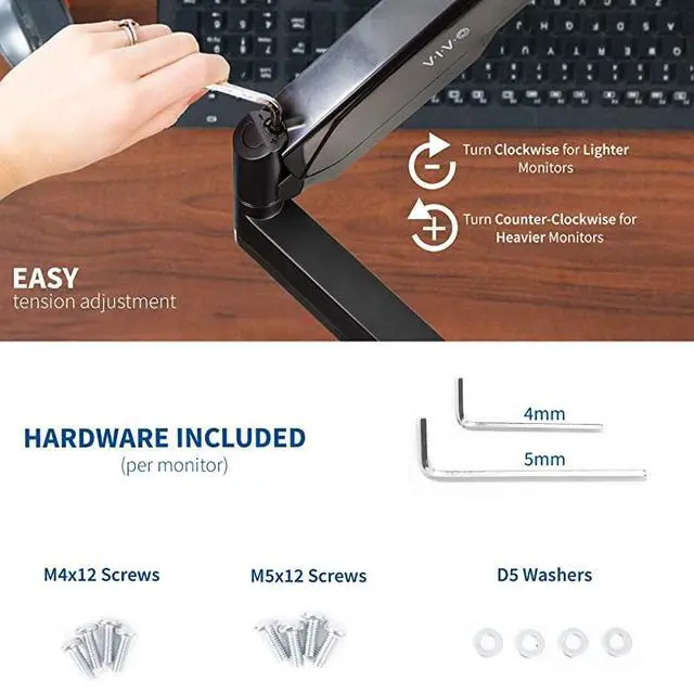 Alt view image 6 of 7 - Dual Arm Monitor Desk Mount Height Adjustable, Tilt, Swivel, Counterbalance Pneumatic Stand, VESA Bracket Arm Fits Most Screens up to 27 inches STAND-V002O