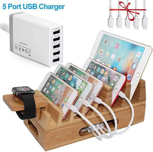 Main image of Hulin Bamboo Charging Station Holder with 5 Port USB Charger Watch Stand 5 x Charge Cable Wood Docking Stand Electronic Organizer for Multiple Devices Phones Tablets Laptop and More