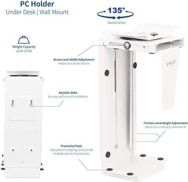 Alt view image 2 of 7 - Adjustable Under Desk and Wall PC Mount Computer Case Holder with 135 Degree Swivel White MOUNTPC01W