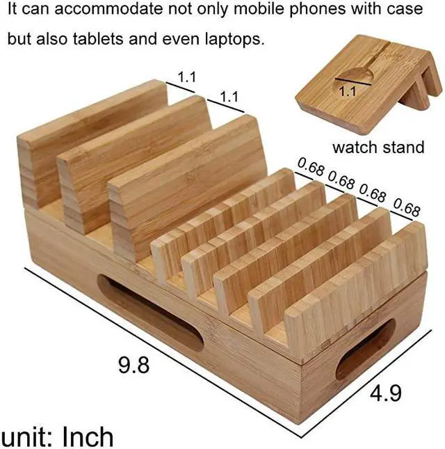 Alt view image 2 of 7 - Hulin Bamboo Charging Station Holder with 5 Port USB Charger Watch Stand 5 x Charge Cable Wood Docking Stand Electronic Organizer for Multiple Devices Phones Tablets Laptop and More