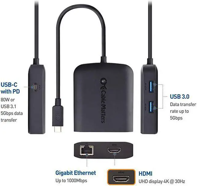 Alt view image 2 of 7 - Matters USB C Hub with HDMI 4K 80W Charging Gigabit Ethernet and 3X USB in Black USBC and Thunderbolt 3 Port Compatible with Surface Pro7 MacBook Pro Dell XPS and More