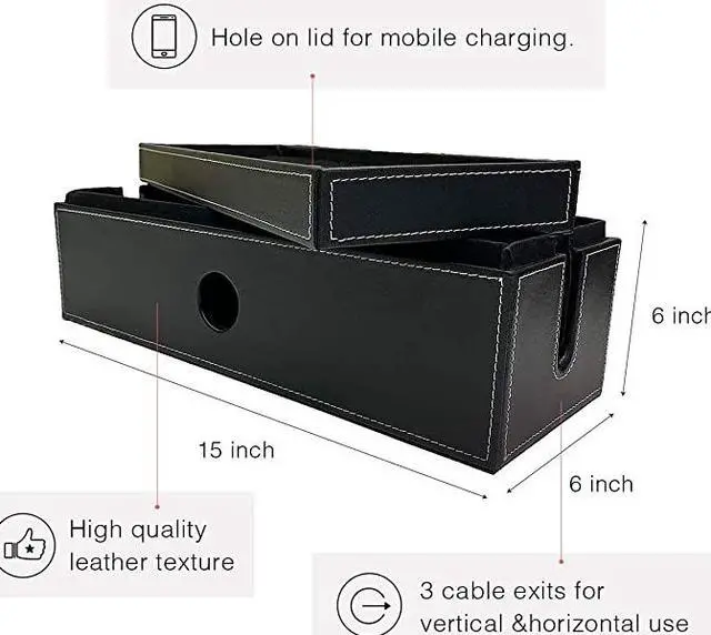 Alt view image 2 of 7 - Cable Management Box Large Computer Cord Organizer Hide and Conceal Power Cable Organizer Computers and Desks Black Stitched Leather