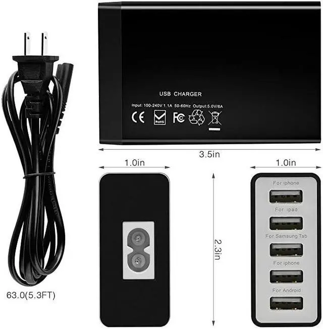 Alt view image 2 of 7 - amp Hulin USB Charger Multi Port Hub 40W 8A Desktop USB Charging Station for Multiple Devices Portable 5 Port USB Wall Charger Compatible with Cell Phone Android Phone Product Tablet and More