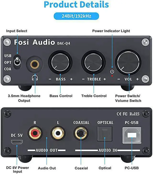 Alt view image 2 of 7 - Q4 Mini Stereo Gaming DAC Headphone Amplifier 24Bit192 KHz USBOpticalCoaxial to RCA AUX DigitaltoAnalog Audio Converter Adapter for HomeDesktop PoweredActive Speakers Black