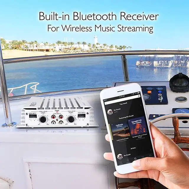 Alt view image 2 of 7 - 2.1 Bluetooth Marine Amplifier Receiver - Waterproof 4 Channel Wireless Bridgeable Audio Amp for Stereo Speaker with 400 Watt Power Dual MOSFET Supply, GAIN Level and LED Indicator -  PLMRA410BT