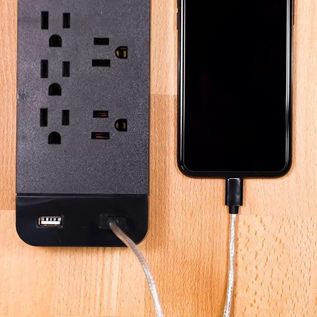 Alt view image 7 of 7 - Black Strip Sur Protector Charr 7 Outlets 2 USB Ports Fast Char Flat Plug Long Power Cord 3 Feet Wall Mount Warranty 37054 3 Ft