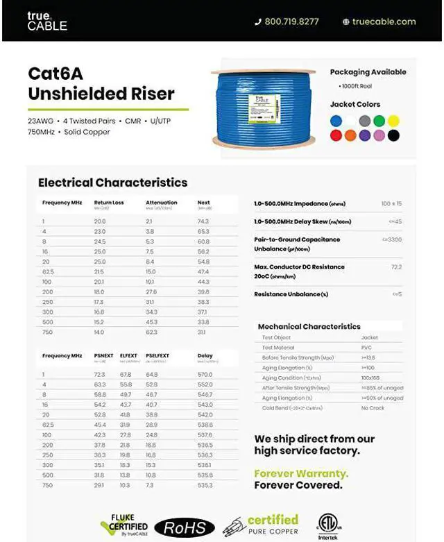Alt view image 7 of 7 - Cat6A Riser CMR 1000ft Pink 23AWG 4 Pair Solid Bare Copper 750MHz ETL Listed Unshielded Twisted Pair UTP Bulk Ethernet Cable
