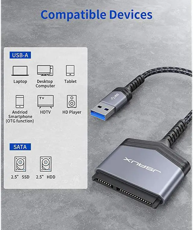 Alt view image 6 of 7 - SATA to USB A Cable,  USB A 3.0 to 2.5” SATA III Hard Drive Adapter Aluminum Shell Nylon Cord External Converter for SSD/HDD Data Transfer-Grey
