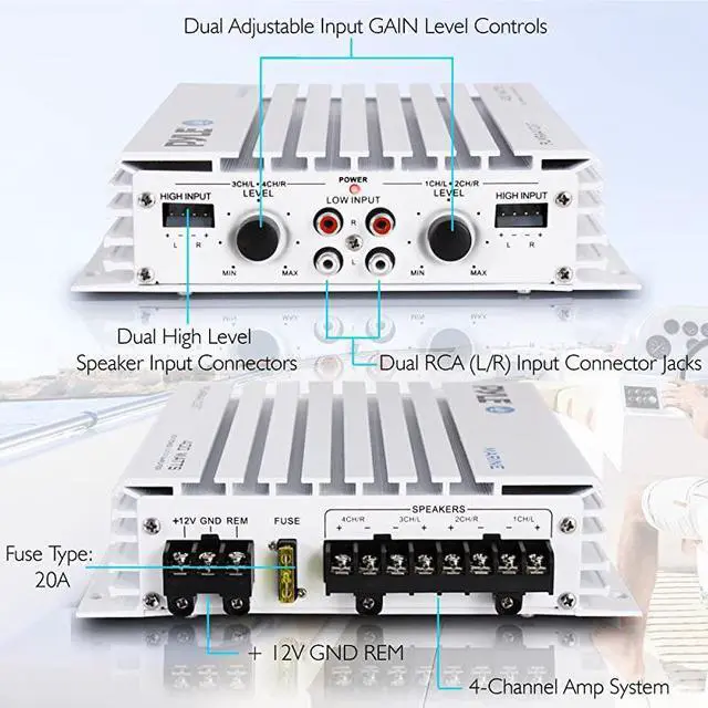 Alt view image 5 of 7 - 2.1 Bluetooth Marine Amplifier Receiver - Waterproof 4 Channel Wireless Bridgeable Audio Amp for Stereo Speaker with 400 Watt Power Dual MOSFET Supply, GAIN Level and LED Indicator -  PLMRA410BT