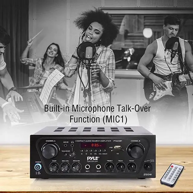 Alt view image 7 of 7 - Upgraded Karaoke Bluetooth Channel Home Audio Sound Power Amplifier wAUXin USB 2 Microphone Input wEcho Talkover for PA Black PTA24BT