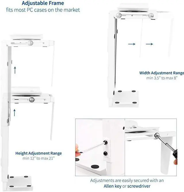 Alt view image 3 of 7 - Adjustable Under Desk and Wall PC Mount Computer Case Holder with 135 Degree Swivel White MOUNTPC01W