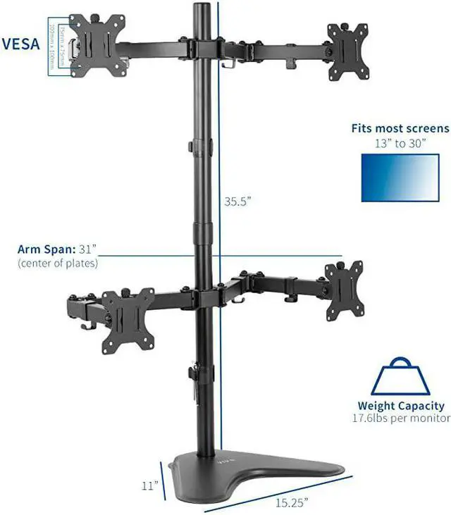 Alt view image 4 of 7 - Quad LCD Computer Monitor Mount Free Standing Heavy Duty Desk Stand Fully Adjustable Holds 4 Screens up to 30 inches STANDV004F